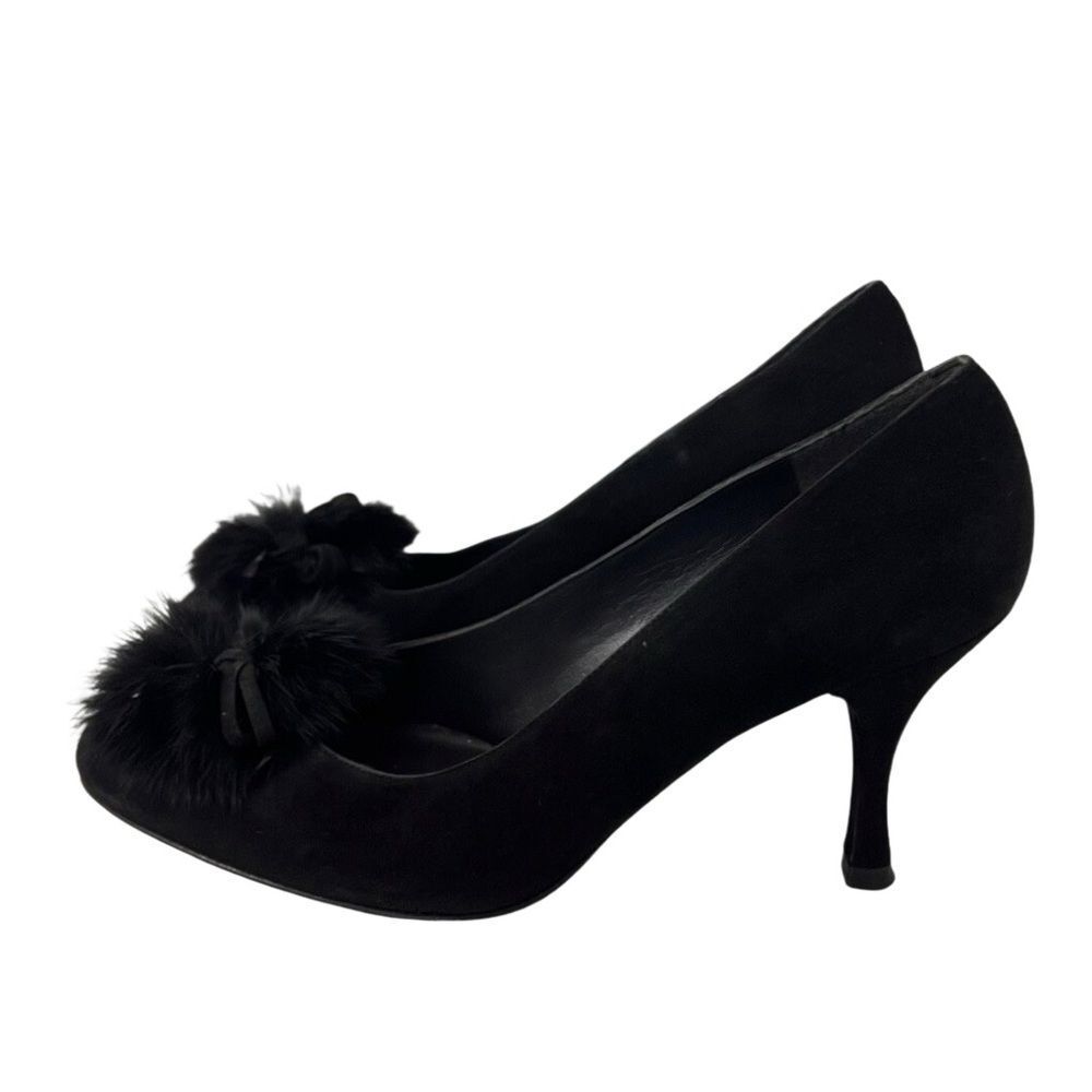 Stuart Weitzman black fur suede leather square toe Bow Heel 7.5 Pump Career Y2K - Picture 4 of 8